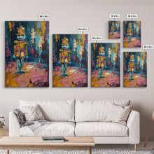 Load image into Gallery viewer, Colorful Skeleton Nutcracker Framed Canvas Print, Halloween Nutcracker Decor, Spooky Toy Art, Skeleton Wall Art, Haunted Nutcracker Print