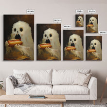 Load image into Gallery viewer, Ghostly Hot Dog Thief, Cute Lil Ghost Eatin' a Dog, The Hot Dog Ghost, Haunted Hot Dog Thief, Framed Canvas Print, Halloween Art