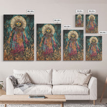 Load image into Gallery viewer, Creepy Moonlit Scarecrow Framed Canvas Print | Halloween Art | Spooky Harvest Artwork | Sinister Scarecrow Art for Home Decor