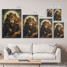 Carregar imagem no visualizador da galeria, Ferocious Werewolf Under Full Moon Framed Canvas Print | Halloween Monster Art | Spooky Werewolf Decor for Home | Intense Werewolf Artwork