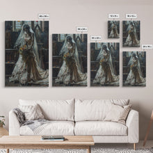 Load image into Gallery viewer, Ghostly Bride in Abandoned Church Framed Canvas Print | Halloween Bride Art | Eerie Bride Decor for Home | Haunted Wedding Artwork