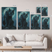 Load image into Gallery viewer, Black Cat with Piercing Eyes Against Full Moon | Halloween Wall Art | Spooky Home Decor | Creepy Black Cat Painting | Framed Canvas Print