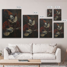 Load image into Gallery viewer, Creepy Clown Playing Guitar, Framed Canvas Print, Spooky Circus Art, Halloween Wall Decor, Horror Clown Illustration, Creepy Home Decor