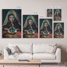 Load image into Gallery viewer, Enchanting Fortune Teller with Crystal Ball Under Moonlight - Mystical Witchcraft Framed Canvas Print, Halloween Gothic Home Decor