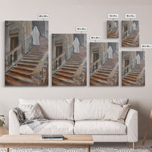 Load image into Gallery viewer, Ghost On Stairs Canvas Print - Halloween Art, Spooky Home Decor, Ghost Wall Art, Haunted House Decor, Halloween Decor, Framed Canvas Print