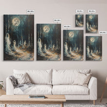 Carregar imagem no visualizador da galeria, Ghostly Figures in Forest, Halloween Art Print, Spooky Home Decor, Framed Canvas Print, Creepy Art, Halloween Wall Decor, Seasonal Wall Art