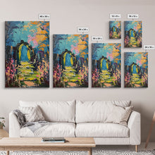 Load image into Gallery viewer, Enchanted Path Framed Canvas Print, Halloween Art, Spooky Garden, Haunted Walkway, Fall Decor Gothic Decor, Ghostly Archway, Eerie Landscape