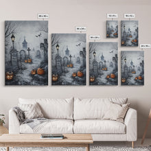Load image into Gallery viewer, Eerie Graveyard with Pumpkins Framed Canvas Print, Halloween Wall Art, Spooky Cemetery, Home Decor, Gothic Artwork, Living Room Art, Creepy