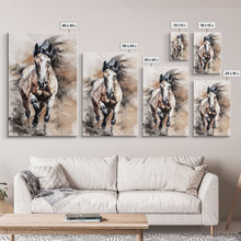 Cargar imagen en el visor de la galería, Charging Horse with Dust - Framed Canvas Print, Intense Living Room Art, Bold Bedroom Decor, Equestrian Art, Wall Art