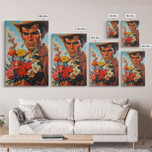 Load image into Gallery viewer, Cowboy with Bouquet of Flowers - Framed Canvas Print, Western Living Room Art, Rustic Bedroom Decor, Americana Art, Wall Art