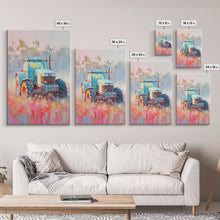 Cargar imagen en el visor de la galería, Farm Tractor in Vibrant Meadow - Framed Canvas Print, Countryside Living Room Art, Pastel Bedroom Decor, Rural Art, Wall Art