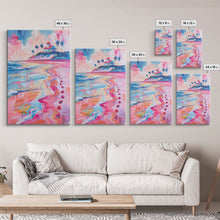 Load image into Gallery viewer, Colorful Tropical Beach Scene with Palm Tree - Framed Canvas Print, Vibrant Coastal Art, Living Room Decor, Beach Wall Art