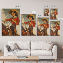 Load image into Gallery viewer, Classic Cowgirl with Red Outfit on Horse | Framed Canvas Print | Western Wall Art | Living Room Decor | Rustic Home Decor