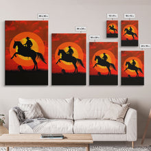 Load image into Gallery viewer, Cowboy on Horse with Dramatic Sunset Background | Framed Canvas Print | Western Silhouette Art | Sunset Cowboy Wall Art for Bedroom