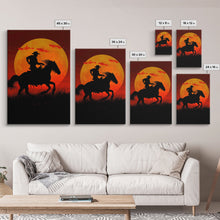 Carregar imagem no visualizador da galeria, Action Cowboy Silhouette on Horse at Sunset | Framed Canvas Print | Western Wall Art | Dramatic Cowboy Wall Art for Home Decor