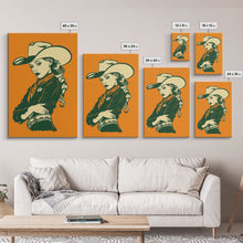Load image into Gallery viewer, Elegant Retro Cowgirl with Hat Illustration | Framed Canvas Print | Vintage Western Art | Stylish Cowgirl Wall Art for Living Room