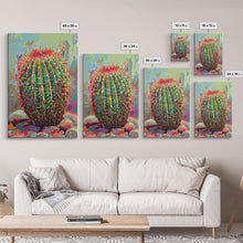 Load image into Gallery viewer, Bold Barrel Cactus Art with Red Spines - Framed Canvas Print, Vibrant Desert Decor, Living Room Art, Cactus Wall Art for Home