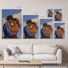 Cargar imagen en el visor de la galería, Classic Western Love Scene Under Blue Sky - Framed Canvas Print, Rustic Cowboy Decor, Living Room Art, Romantic Wall Art for Home
