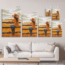 Cargar imagen en el visor de la galería, Contemplative Cowgirl on Fence Framed Canvas Print - Serene Western Decor, Country Wall Art for Living Room, Bedroom Artwork