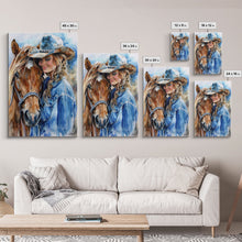 Load image into Gallery viewer, Cowgirl with Horse in Denim Outfit - Framed Canvas Print, Western Wall Art, Rustic Decor, Living Room and Bedroom Art Print