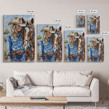Load image into Gallery viewer, Cowgirl Preparing Horse for Ride - Framed Canvas Print, Western Wall Art, Rustic Decor, Living Room and Bedroom Art Print