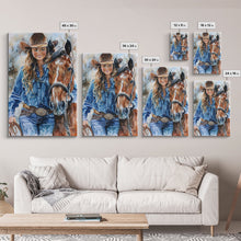 Load image into Gallery viewer, Cowgirl Embracing Horse with Hat - Framed Canvas Print, Western Wall Art, Rustic Decor, Living Room and Bedroom Art Print