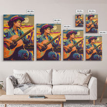 Load image into Gallery viewer, Country Cowboy playing guitar under a colorful sunset, pop art style Framed Canvas Print - music decor, country music art, vibrant wall art