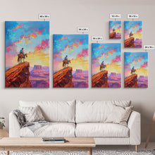 Load image into Gallery viewer, Cowboy on Horseback Overlooking Canyon - Vibrant Western Landscape Art, Sunset Painting, Living Room Decor, Cowboy Canvas Print