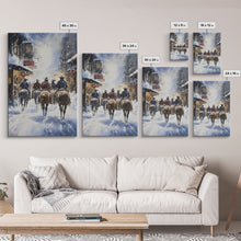 Load image into Gallery viewer, Cowboys Riding Into Town On Christmas, Western Christmas Decor, Framed Canvas Print, Christmas Outdoor Decor, Christmas poster