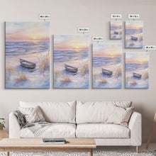 Carregar imagem no visualizador da galeria, Abandoned Canoe On The Beach, Framed Canvas Print, Nautical Decor, Christmas Outdoor Decor, Christmas Prints Wall Art