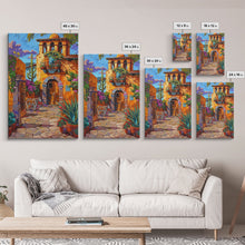 Cargar imagen en el visor de la galería, Bright Mexican Style Courtyard Tall Art Framed Canvas Print Featuring Vibrant Architecture And Desert Scenery