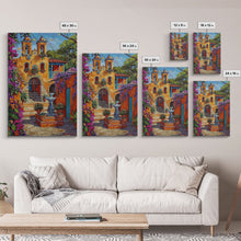 Cargar imagen en el visor de la galería, Bright Mexican Style Tall Art Framed Canvas Print Depicting Ornate Blue Door And Rustic Courtyard