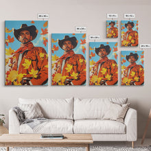Load image into Gallery viewer, Autumn Cowboy Holiday Decor Framed Canvas Print with Leaves, Colorful Seasonal Wall Art Gift Idea 2024