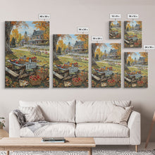 Carregar imagem no visualizador da galeria, Autumn Picnic Outdoors Tall Art Framed Canvas Print With Basket Of Apples, Fall Scene Wall Art, Country Farmhouse Decor For Kitchen