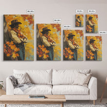 Load image into Gallery viewer, Cowboy Walking in Winter Forest at Sunset Canvas Print, Seasonal Western Wall Art, Rustic Christmas Wall Decor, Vibes, Framed Canvas Print