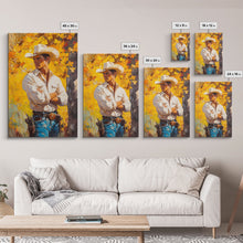 Load image into Gallery viewer, Cowboy with Autumn Foliage Canvas Print, Vibrant Fall Decor, Perfect Fall Wall Art, Seasonal Home Decor, Western Art, Framed Canvas Print