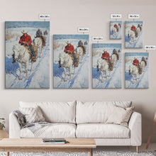 Load image into Gallery viewer, Cowboy Riding Horses in Snow Canvas Print, Winter Wall Art, Rustic Christmas Decor, Holiday Gift Idea, Seasonal Art, Framed Canvas Print