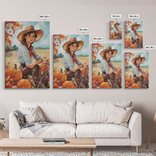 Load image into Gallery viewer, Country fall harvest framed canvas print pumpkins and a serene autumn landscape perfect seasonal wall art for rustic farmhouse home decor