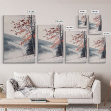 Carregar imagem no visualizador da galeria, Canvas Print of Snowy Mountain Trees Red Leaves, Winter Wonderland Wall Art, Best Gift Idea, Moody Landscape, Rustic Christmas Decor