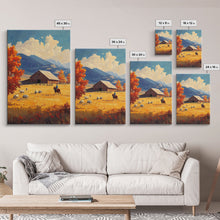 Load image into Gallery viewer, Cowboy Herding Cattle Framed Canvas Print Rustic Autumn Landscape With Barn And Vibrant Fall Colors Perfect Country Christmas Decor Art