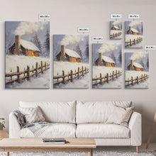 Load image into Gallery viewer, Rustic Cabin In Snow Framed Canvas Print Wall Art Christmas Home Decor, Winter Landscape Art, Cozy Winter Cabin Scene