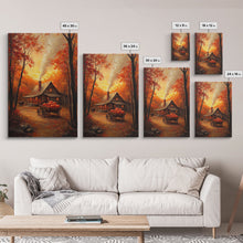 Carregar imagem no visualizador da galeria, Autumn Cabin with Pumpkins Framed Canvas Print, Warm Fall Countryside Scene with Golden Leaves, Cozy Rustic Farmhouse Wall Art Decor