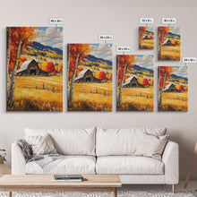 Load image into Gallery viewer, Countryside Barn in Autumn Framed Canvas Print, Bright Fall Landscape Birch Trees, Rustic Wall Art Country Home or Farmhouse Autumn Decor