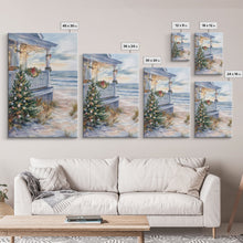 Cargar imagen en el visor de la galería, Coastal Christmas Tree Framed Canvas Print, Festive Holiday Decor Tree Beach and Ocean View, Nautical Wall Art Tropical Christmas Decor