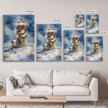 Load image into Gallery viewer, Snowy lighthouse under moonlit sky with wreath, Framed Canvas Print, beach Christmas decor for winter wonderland, holiday wall art