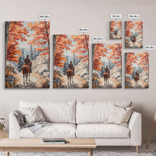Load image into Gallery viewer, Cowboy riding through autumn forest, Framed Canvas Print, fall landscape wall art, western style decor for cozy homes, perfect gift idea