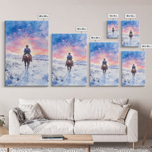 Load image into Gallery viewer, Cowboy riding through snowy sunset, Framed Canvas Print, winter landscape wall art, western decor for above sofa, rustic holiday decor