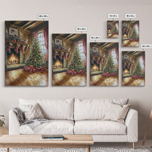 Load image into Gallery viewer, Cozy farmhouse Christmas interior Framed Canvas Print with tree stockings and fireplace, warm holiday art rustic Christmas decor mantle