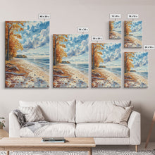 Carregar imagem no visualizador da galeria, Autumn beach landscape with vibrant fall leaves and coastal breeze Framed Canvas Print perfect fall wall art for seasonal farmhouse decor