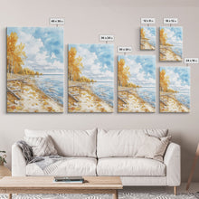 Load image into Gallery viewer, Autumn beach scene with golden trees and calm shoreline Framed Canvas Print, fall landscape art perfect autumn wall decor for rustic homes